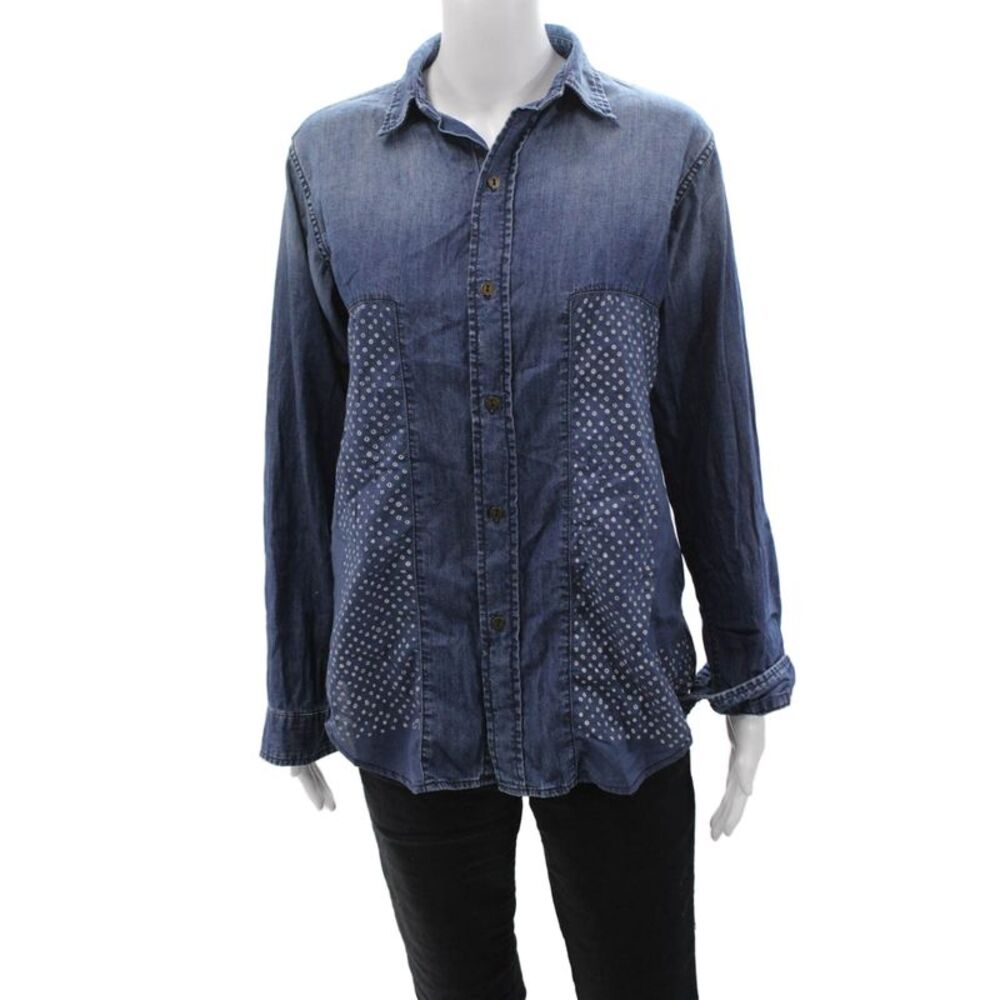 Current/Elliott Womens Blue Polka Dot Cotton Button-Up Top Long Sleeve Size 0